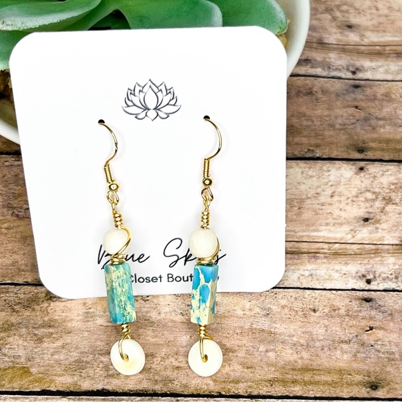 Aqua Imperial Jasper And Natural Wood Drop Earrings - Picture 4 of 8